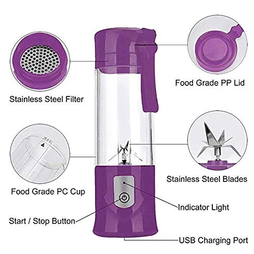 Portable Juicer Blender, USB Travel Juice Cup Baby Food Mixing Machince with Updated 6 Blades with Powerful Motor 4000mAh Rechargeable Battery,13Oz Bottle(purple)