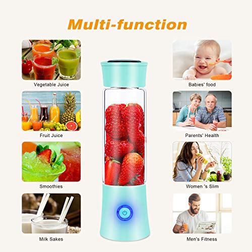 Portable Blender, Personal Blender for Shakes and Smoothies, 6 Stainless Steel Blades Cordless USB Rechargeable Juicer Cup with 4000mAh Batteries, Handheld 16oz Mini Travel Blender Small Fruit Mixer Detachable for Home Office Gym Outdoor, Green