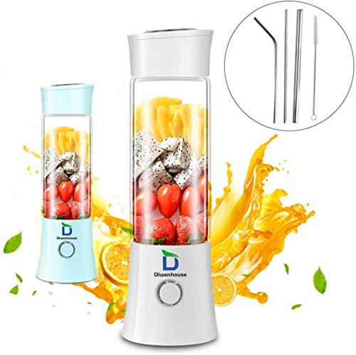 Diwenhouse Portable Blender USB Rechargeable Juicer Cup - Personal Size 16 oz Juice Glass Shakes Wireless Blue Including Metal Reusable Straws