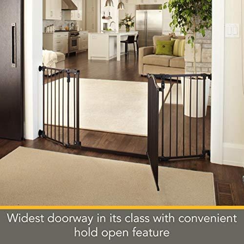 North States 72" Wide Deluxe Décor Baby Gate: Provides safety in extra-wide spaces with added one-hand functionality. Hardware mount. Fits 38.3"-72" wide (30" tall, Bronze)