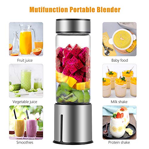 KACSOO Portable Blender for Smoothie and Shakes, 2 Lids Personal Blender USB Rechargeable Cordless 15 OZ Small Mixer Glass Fruit Juicer Cup Single Serve Blender for Travel on the go