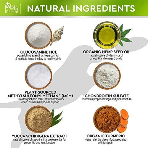 Pets Primal Hemp Hip & Joint Supplement for Dogs - Mobility Chews w/Glucosamine for Dogs - Joint Pain Relief - Reduce Inflammation - w/Chondroitin, MSM, Turmeric, Organic Hemp Seed Oil, Hemp Protein