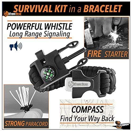 Atomic Bear Paracord Bracelet (2 Pack) - Adjustable Size - Fire Starter - Loud Whistle - Emergency Knife - Perfect for Hiking, Camping, Fishing and Hunting - Black & Black+Orange