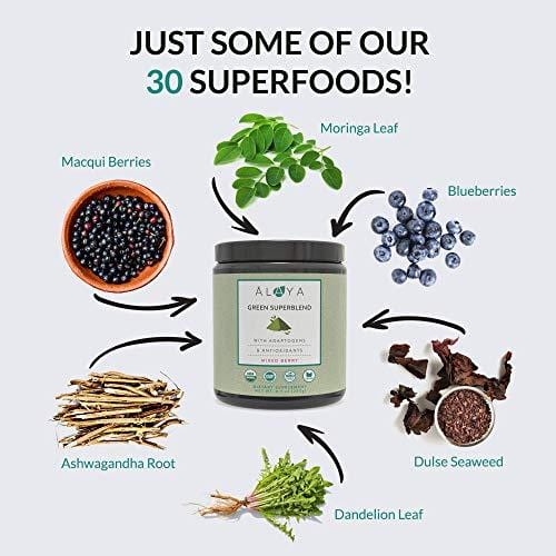 Alaya Organic Greens Powder - Superfood Powder with Adaptogens, Antioxidants & Probiotics - Certified Organic Non-GMO Super Greens Supplement Powder - 30 Servings - Berry Flavor Green Powder