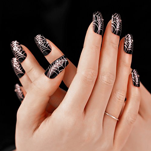 ArtPlus Preglued 24pcs Halloween Gothic Black Silver Spider Web with Crystals False Nails with Upgraded Adhesive Tabs Press on and Glue Full Cover Long Length Fake Nails Art