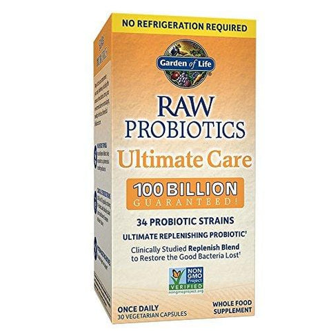 Garden of Life RAW Probiotics Ultimate Care Shelf Stable - 100 Billion CFU Guaranteed through Expiration, Once Daily - Certified Non-GMO & Gluten Free - No Refrigeration - 30 Vegetarian Capsules