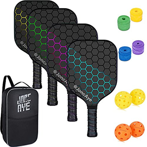 JoncAye Pickleball Paddles Set of 4 incl 4 Fiberglass Pickleball Rackets, 4 Balls 1 Pickleball Bag 4 Grip Tapes, Pickleball Set for Outdoor and Indoor, Pickle Ball Raquette Set with Accessories