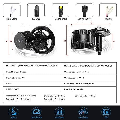 BAFANG BBS02B 48V 750W Ebike Motor with LCD Display 8fun Mid Drive Electric Bike Conversion Kit with Battery (500C Display, 750W Motor+46T Chainring+Battery)