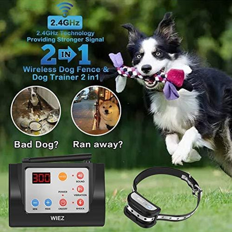 WIEZ Dog Fence Wireless & Training Collar Outdoor 2-in-1, Electirc Invisible Fence for Dogs with Remote Wireless, Adjustable Range Control, Waterproof Reflective Stripe Collar, Harmless for All Dogs