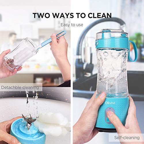 Portable Blender, Olivivi 2020 Multifunctional Personal Blender Mini Smoothie Blender 6 Powerful Blades, 4000mAh Rechargeable USB Juicer Cup Bottle with strainer Cleaning Brush for Travel BPA Free Blue