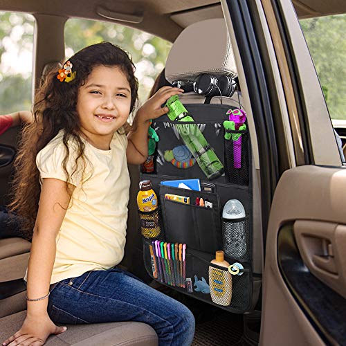 ULEEKA Car Backseat Organizer with 10" Table Holder, 9 Storage Pockets Seat Back Protectors Kick Mats for Kids Toddlers, Travel Accessories, Black, 2 Pack