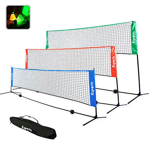 Ksports Portable 17 Feet Badminton Net Set(Green)−One Net for Pickleball, Tennis, Soccer Tennis, Kids Volleyball−4 LED Shuttlecocks−One Carry Bag−Easy Setup Nylon Net with Poles for Indoors & Outdoors