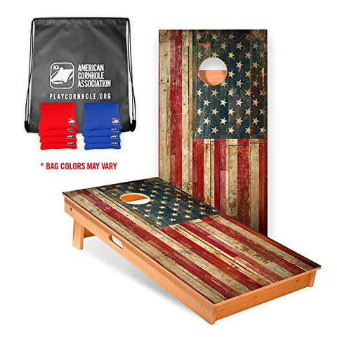 American Cornhole Association Official Cornhole Board and Bags Set with Vintage American Flag Design -Bean Bag Toss Outdoor Game - Made with Heavy Duty Solid Wood - ACA Regulation Size for Tournaments