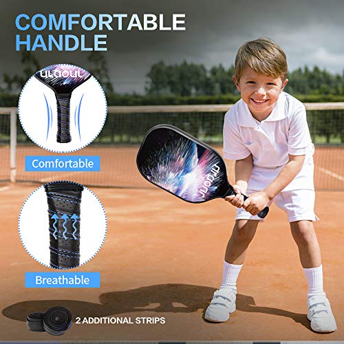 ULAOUL Pickleball Paddles Set of 2 Lightweight Pickleball Rackets Carbon Fiber Surface Polypropylene Honeycomb Core, 4 Pickleball Balls 2 Additional Cushion Grip Strips & 1 Portable Racquet Bag.