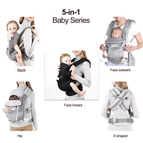 Maydolly Baby Carrier, 5-in-1 Convertible Carrier Ergonomic, Soft Breathable Mesh Cmfortable, Front and Back Carrier, with Head Support, Padded Shoulder Strap (Black)