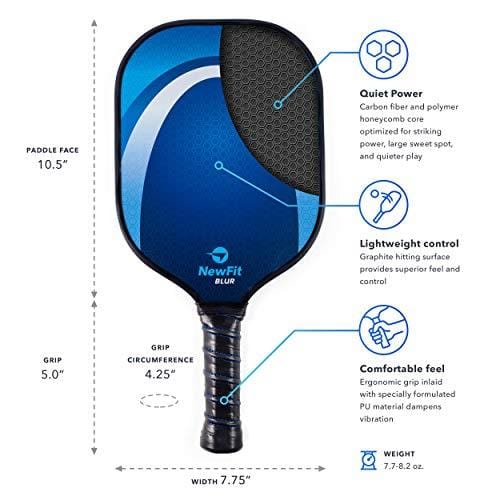 NewFit Blur Pickleball Paddle | USAPA Approved | Graphite Face & Polymer Core for a Quiet and Light Racket | 2 Paddles Set w/ 4 Balls (Blue Set)