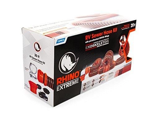 Camco RhinoEXTREME 20ft RV Sewer Hose Kit, Includes Swivel Fitting and Translucent Elbow with 4-In-1 Dump Station Fitting, Crush Resistant, Storage Caps Included - 39867