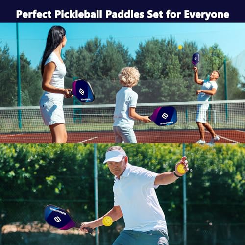 ENERFACE Pickleball Paddles Set of 4: Ergonomic Grip Wooden Pickleball Rackets with 4 Cooling Towels, 4 Pickleball Balls and Carry Bag, Pickleball Set for Men Women (Yellow+Green/Blue+Pink,4 Pack)