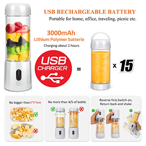 Personal Portable Blender with 480ml Travel Bottle, USB Rechargeable Single Served Smoothie Blender Six Blades in 3D Superb Mixing Personal Size Mixer Fruit Juicer Blender for Shakes and Smoothies