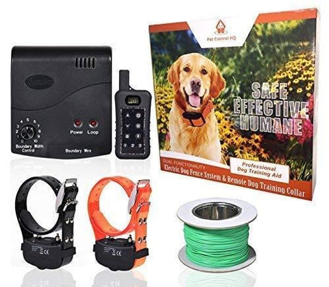 Wireless Combo Electric Dog Fence System with Remote Dog Training Collar by PetControlHQ, Safe Dog Containment, Waterproof, Rechargeable Dog Shock Collar & Hidden Wire Pet Fence (2 Collar with Remote)
