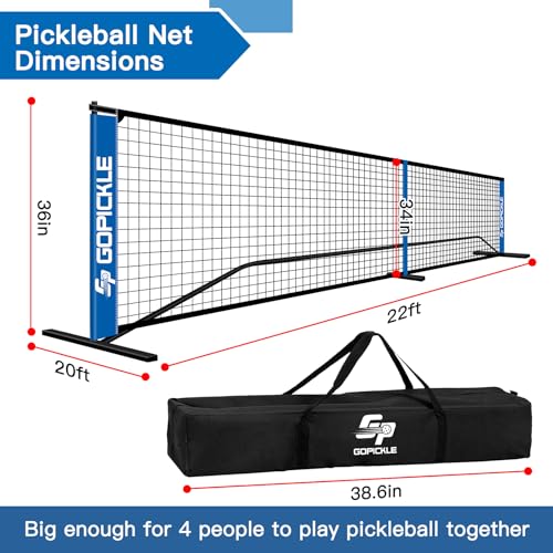 GoPickle Pickleball Net with Court Marking Kit, 22FT Regulation Size Portable Pickle Ball Net System with Carrying Bag, Durable Metal Frame PE Knitted Net for Home Indoor Outdoor Driveway Game