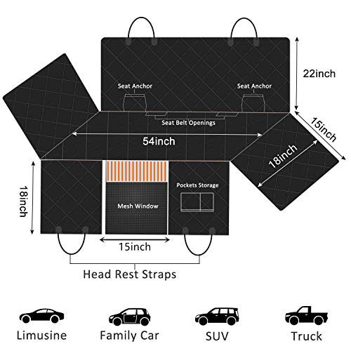 EPICKA Dog Car Back Seat Cover 100% Waterproof for Pets Hammock Durable Washable Scratchproof Nonslip with Mesh Window Universal Size Fit Cars Trucks and SUVs Pet Seat Belt Leash Included