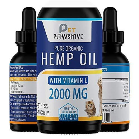 Pet Pawsitive - Hemp Oil Dogs Cats - 2000mg - Separation Anxiety, Joint Pain, Stress Relief, Arthritis, Seizures, Chronic Pains, Anti-Inflammatory - Omega 3, 6, & 9- 100% Organic - Calming Drops