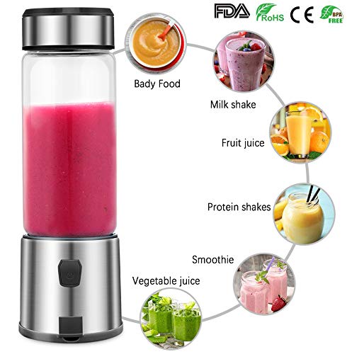 TOPQSC Portable Blender, Personal Blender 15oz USB Rechargeable 5200mAh, Smoothie Blender with Durable Glass and 2 Lids, Stainless Blades 16500rpm, Perfect for Shakes,Smoothies and Baby Food