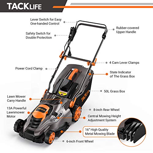 TACKLIFE Lawn Mower, 16-Inch 13-Amp Electric Lawn Mower, 5 Adjustable Mower Heights, Adjustable and Foldable Handlebars, Low Noise, Tool-Free Assembly, 13.2Gal Grass Box - KALM1540A