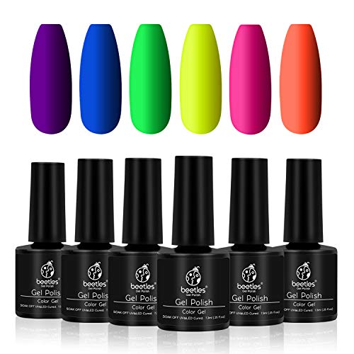 Beetles Neon Gel Nail Polish Set, Neon Orange Hot Pink Blue Yellow Green Purple 6 Colors Soak Off UV LED Gel Nail Kit, 7.3ml Each Bottle