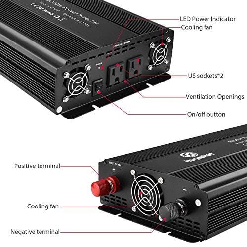 Buywhat 2000W Power Inverter 12V DC to 110V AC Car Converter 2 AC Outlets for Home RV (2000W-Black)