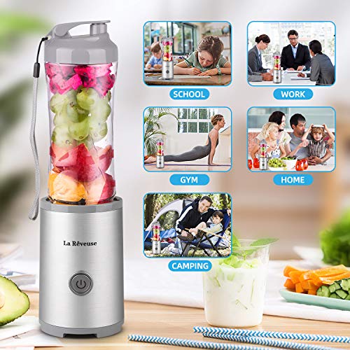 Portable Smoothies Shakes Blender Personal Size Cordless, Battery Rechargeable Juicer Cup,with 10 oz Travel Sports Bottles -BPA-Free (Silver&Grey)