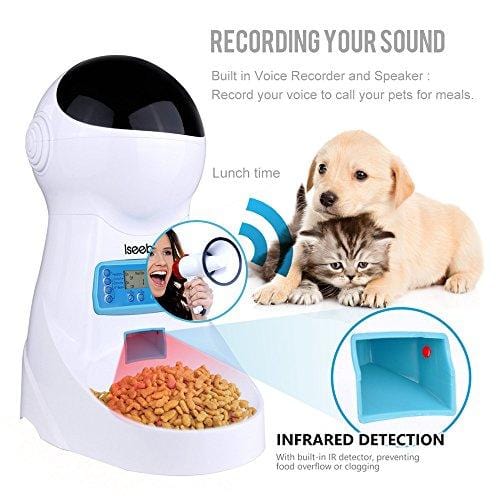 Iseebiz Automatic Cat Feeder 3L Pet Food Dispenser Feeder for Medium & Large Cat Dog--4 Meal, Voice Recorder & Timer Programmable, Portion Control