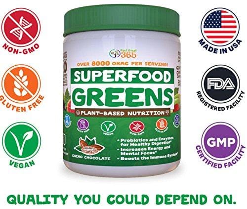 Superfood Vital Greens Powder - Cocoa Chocolate by Feel Great 365, Doctor Formulated, Organic, Whole30 Friendly, and Vegan, 100% Non-GMO with Real Green Vegetables, Polyphenols, and Probiotics
