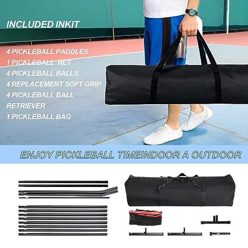 Pickleball Set with Net (22FT Pickleball Paddles Set of 4Includes 4 Premium Pickeball Paddles,1 Portable Net1 CarnBag,and 4 Pickleball Retriever4 Replacement Soft Grip