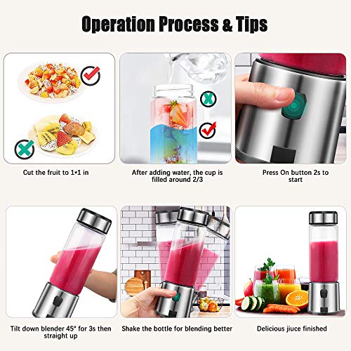 TOPQSC Portable Blender, Personal Blender 15oz USB Rechargeable 5200mAh, Smoothie Blender with Durable Glass and 2 Lids, Stainless Blades 16500rpm, Perfect for Shakes,Smoothies and Baby Food