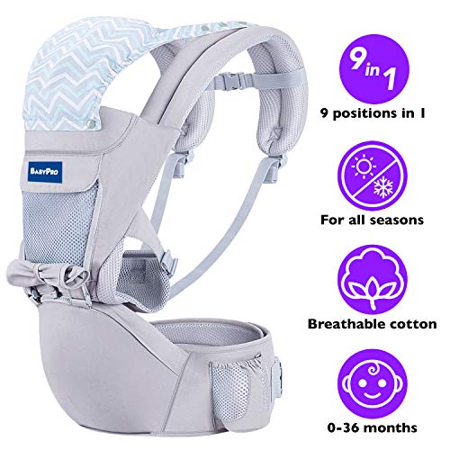 BabyPro Baby Carrier with Hip Seat, 9 Ergonomic Positions, All Season Baby Sling for Newborns Infants Toddlers, Hands Free Baby Carrier Wrap Front and Backpack for Traveling, Hiking and Breastfeeding
