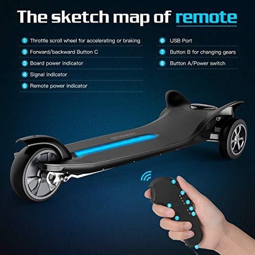 TOMOLOO Electric Skateboard with Remote Controller, 3-Wheel All Terrain Longboard 15.5 MPH Top Speed, 265 lbs Max Load with LED Night Lights