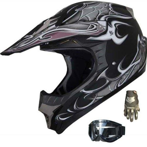 Motocross Off-Rd ATV Dirtbike Motorcycle Helmet Spider Web 129 Matt Black+gloves+goggles (L)