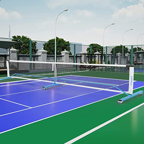 JOGENMAX Portable Pickleball Net System with Lockable Wheels, Metal Frame Pickleball Court with LED Light, Regulation Size Net with Durable Carrying Bag, and 4 Pickleball Rackets.