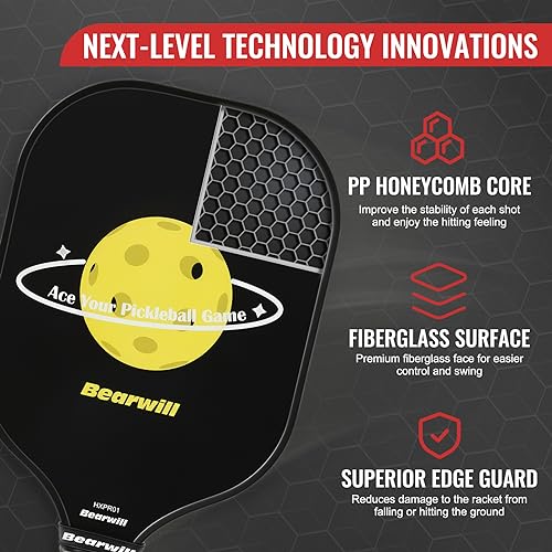 Fiberglass Surface Pickleball Paddles, USAPA Approved Pickleball Paddles Set of 2, Pickleball Set with Pickleball Rackets, 4 Pickleball Balls, Carry Bag, Pickleball Paddle Gifts Bearwill