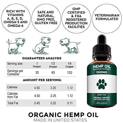 Hemp Oil for Dogs and Cats - USA Made 1500MG Organic Hemp Extract - Joint Pain Relief - Anxiety Relief for Dogs & Cats, Hip & Joint Health Support - with Vitamin A, D and Omega-3, 6