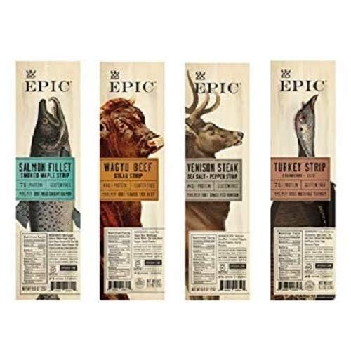 Epic Snack Strips, Paleo Jerky: Wagyu Beef, Turkey Cranberry, Venison Salt and Pepper Steak, Smoked Salmon Maple (4 Pack Sampler)