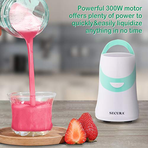 Secura 300W Personal Blender for Shakes and Smoothies | Stainless Blade | 2 (20 oz) Single Serving Bottles with Travel Lids, Green