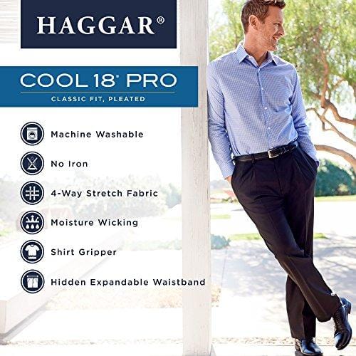 Haggar Men's Cool 18 Pro Classic Fit Pleat Front Expandable Waist Pant, Heather Navy, 40Wx32L