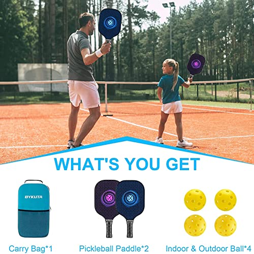 BYKUTA Pickleball Paddles, USAPA Standard Graphite Carbon Fiber Pickleball Set, Lightweight Pickleball Rackets Set, with 4 Outdoor/Indoor Pickle Balls, 1 Portable Backpack, Gifts for Women Men