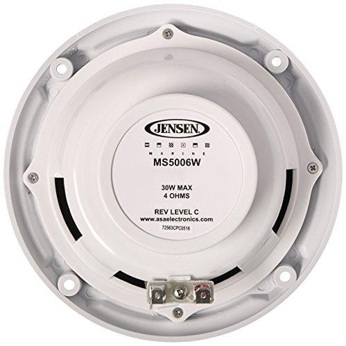 Jensen MS5006WR Dual Cone Waterproof 5.25" Speakers, White, 30 Watts Max Power Handling, Sensitivity 86dB, Frequency Response 79Hz-20kHz, Nominal Impedance 4 Ohms, 1-1/2" Mounting Depth
