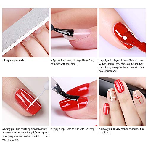AZUREBEAUTY 6 Colors Spider Gel,Matrix Gel with Gel Paint Design Nail Art Wire Drawing Nail Gel for Line,Require LED UV Nail Dryer Lamp(White Black Red Gold Silver Champagne)