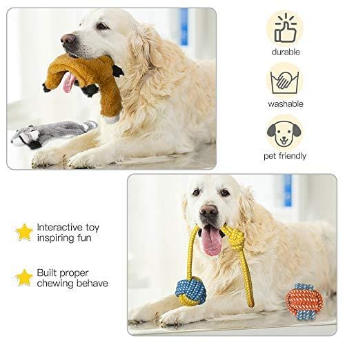 Peteast-3 Squeaky Toys and 3 Rope Dog Toys, No Stuffing Squeaky Plush Fox Raccoon Squirrel, Puppy Chew Teething Rope Toys Set for S/M/L Dogs Pets Animals