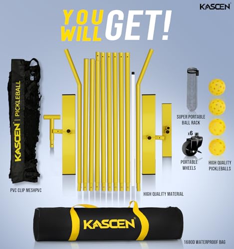 Kascen Portable Pickleball Net with Wheels - 22FT USAPA Pickleball Net for Driveway, Pickle Ball Net System with Exclusive Ball Holder & 4 Pickleballs, Pickleball Net for Outdoor Indoor Backyard Black